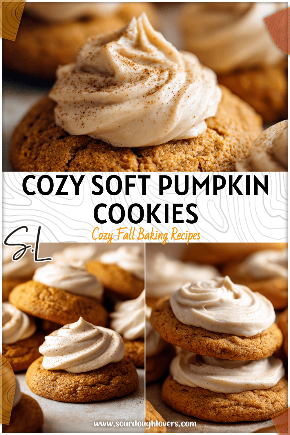 Soft pumpkin cookies topped with creamy cinnamon frosting styled as Homemade Fall Cookies. 2
